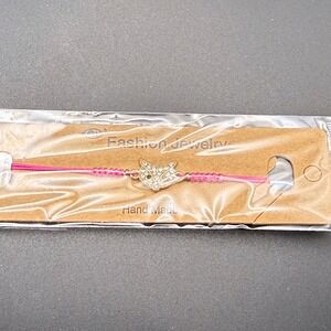 Pink Cord Fox Bracelet Gold Tone Rhinestone Crystal Charm Adjustable